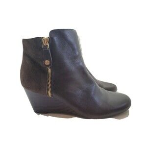Womens Bootie Sz 8.5 Leather Wedge Brown Zipped Isaac Mizrahilive